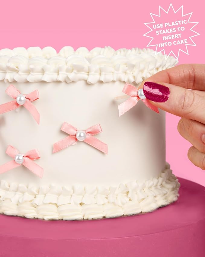 xo, Fetti Mini Pink Bow + Pearl Cake Toppers | 12 pcs | Bachelorette Party Decoration, Birthday Candle Accessory, Engagement Dessert Decor, Bridal Food Supplies