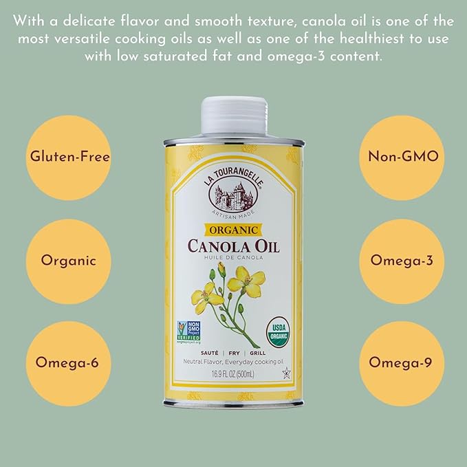 La Tourangelle, Organic Canola Oil, Expeller-Pressed Non-GMO Canola Seeds, Pesticide and Chemical Free, High Heat Neutral Cooking Oil, 16.9 Fl Oz