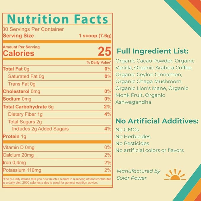 Shroovy Organic Mushroom Coffee | Lion's Mane and Chaga Mushroom | Instant Mushroom Coffee | Half-Caffeine | Mellow Mocha | 2,000mg of Mushroom - 30 Servings