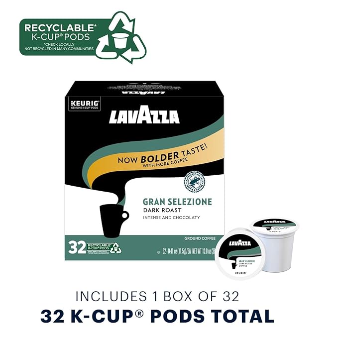 Lavazza Single-Serve Coffee K-Cups for Keurig Brewer, Gran Selezione 32 Count Authentic Italian, Value Pack, 100% Arabica, Rainforest Alliance Certified 100% sustainably grown