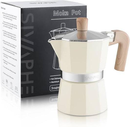 Sivaphe Aluminum Moka Pot 3 Espresso Cups, Percolator Espresso and Coffee Maker, Portable Stovetop Italian and Cuban Cafì±?Brewer for Home and Camping White