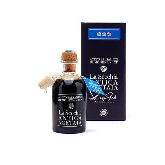 La Secchia Balsamic Vinegar of Modena PGI "Three Stars", Aged in 12 Cherry-Mulberry Barrels, Medium Density, 250 ml Bottle with Cork Pourer