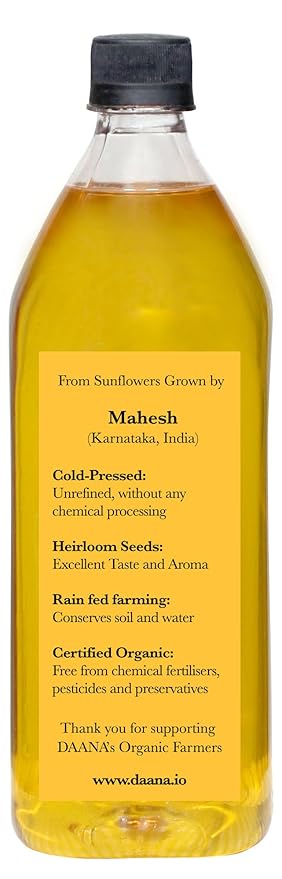 Daana Sunflower Oil: Certified USDA Organic, Extra Virgin, Cold Pressed, High Oleic, Non-GMO. Healthy Oil for Cooking, Baking, Frying, Hair and Skin Care. Pesticide and Chemical Free (34 Fl oz) (Pack of 1)