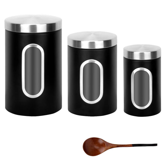 AEUNKIUO Black Kitchen Counter Canister set 3 pieces, 0.9/1.6/2.9 Quarts Stainless Steel Flour