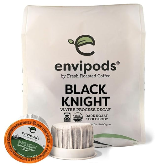 Fresh Roasted Coffee, Organic Black Knight Swiss Water Decaf envipods, Dark Roast, Fair Trade Kosher, 12 Count, Compatible With 1.0 & 2.0 K Cup Brewers
