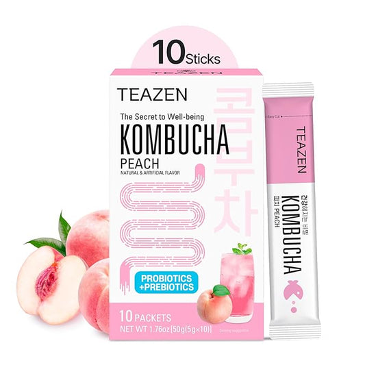 TEAZEN Peach Kombucha Tea, Hydration Drink Mix, Sugar Free, Live Probiotics & Prebiotics, 10