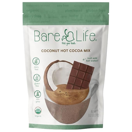 Bare Life: Dairy Free Coconut Hot Cocoa Mix Pouch | Gluten Free, Vegan, USDA Organic, Plant Based, Paleo, Soy Free, Corn Free, Lactose Free, Kosher Pareve, Refined Sugar Free, Hot Chocolate - Just Add Hot Water, 9.52 oz.