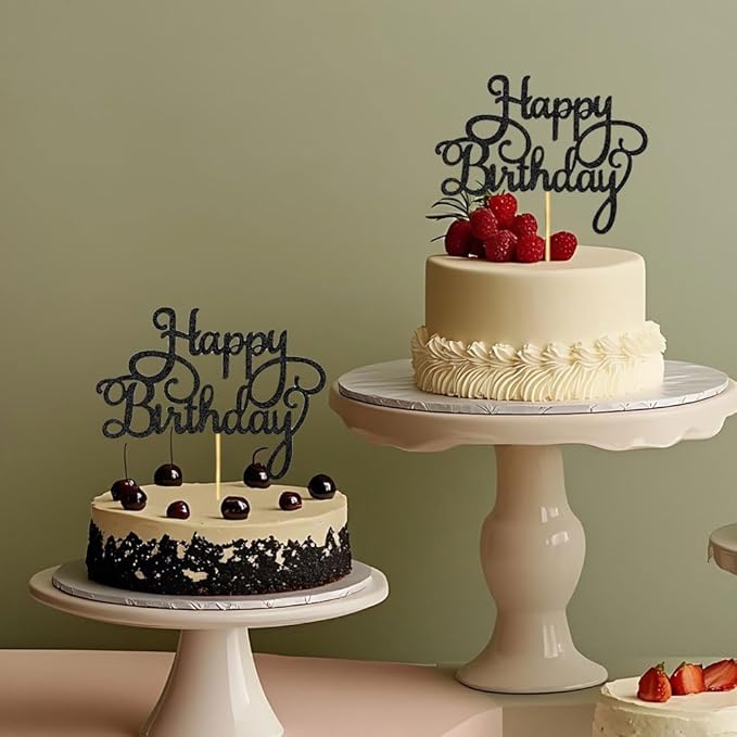 1 PCS Happy Birthday Cake Topper Glitter Black Happy Birthday Decorations for Celebrating Anniversary Party Cake Decorations