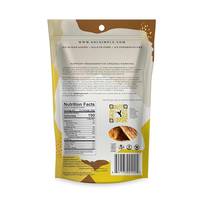 SOL SIMPLE Regenerative Organic Certified, Dried Banana | 6oz Snack Pack (2 Bags Total) | One Ingredient | Vegan | Non-GMO | No Added Sugar | Fair Trade | Dried Fruit | Organic