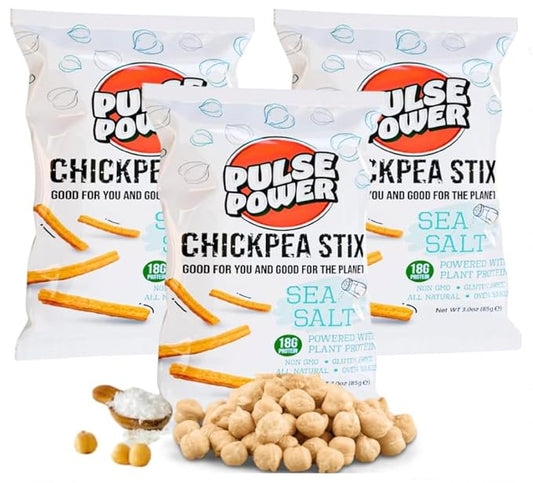 Pulse Power Chickpea Stix - Crunchy Snacks, High Protein, Gluten Free, Non-GMO, Vegan (3 pack, 3 oz) (Sea Salt)
