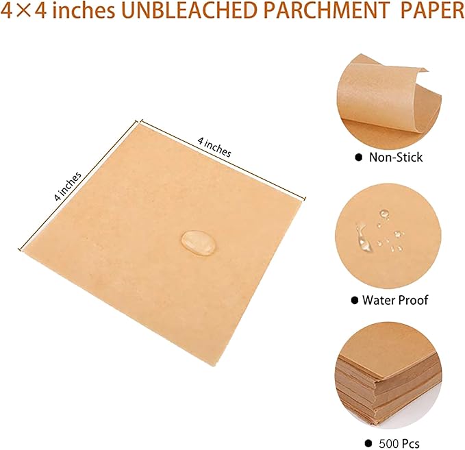 500 PCS Precut Parchment Paper Squares for Baking Cookies, Unbleached Nonstick Wax Paper Sheets for Separating Beef Patties, Freezing Hamburgers. (4x4 Inch)