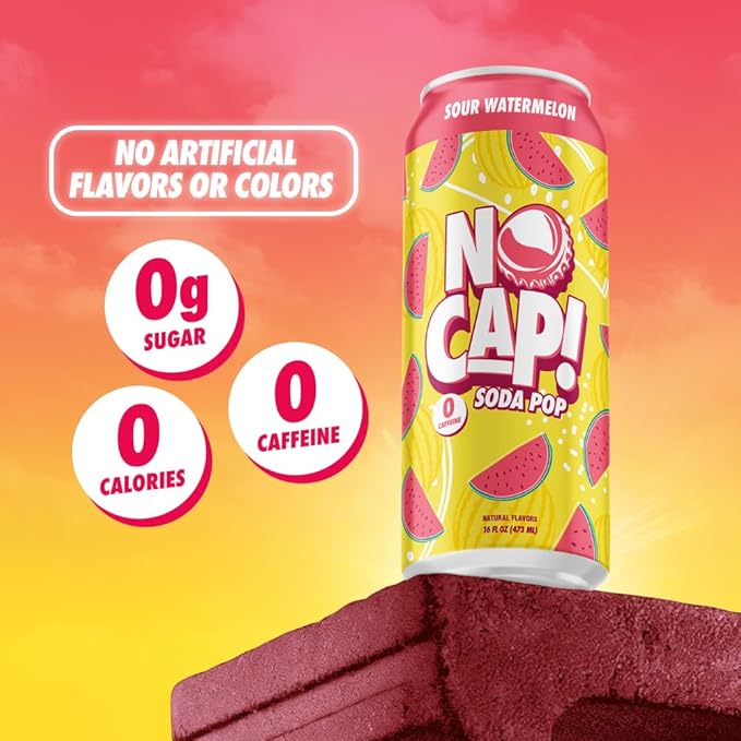 No Cap! Healthy Soda Drinks For Kids, Teenagers & Adults, Zero Sugar, Zero Calorie, Caffeine Free, 16 Oz Cans, (12 Pack Sour Watermelon)