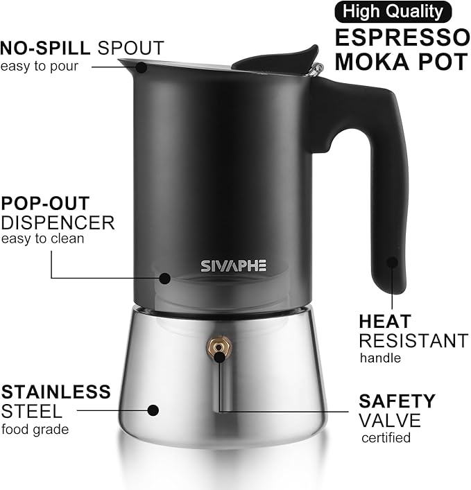 Sivaphe Stainless Steel Stovetop Espresso Brewer 6 Cup Induction Mocha Pot Cuban Coffee Maker Italian 10 fl.oz m찼quina de cafì±?expreso
