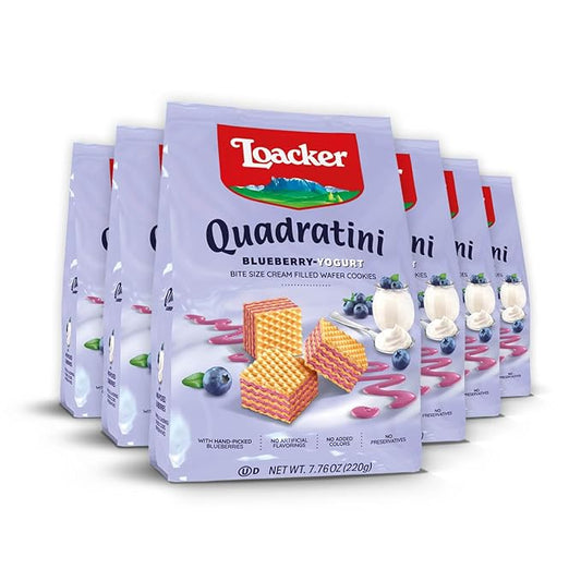 Loacker Quadratini Blueberry Yogurt Wafer Cookies LARGE - 30% Less Sugar - Premium Crispy Bite Size Wafers - LARGE Pack of 6