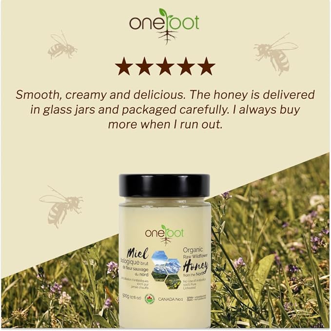 Oneroot 100% Organic Canadian Flower Honey - 17.6 Oz/1.1 Lbs, White Honey Wildflower Unfiltered, Unheated & Creamed, Nutrient Rich Raw Wildflower With Enzymes, Thick Natural Sweetener