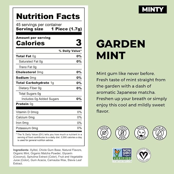Refresh Gum, Xylitol, Natural, Sugar Free, Long Lasting, Plastic Free, Natural Flavors & Organic Ingredients, Plant-Based, Low Calorie, Non GMO, Gluten Free, Vegan, Garden Mint Flavor, 12 Pcs, 12 Pack