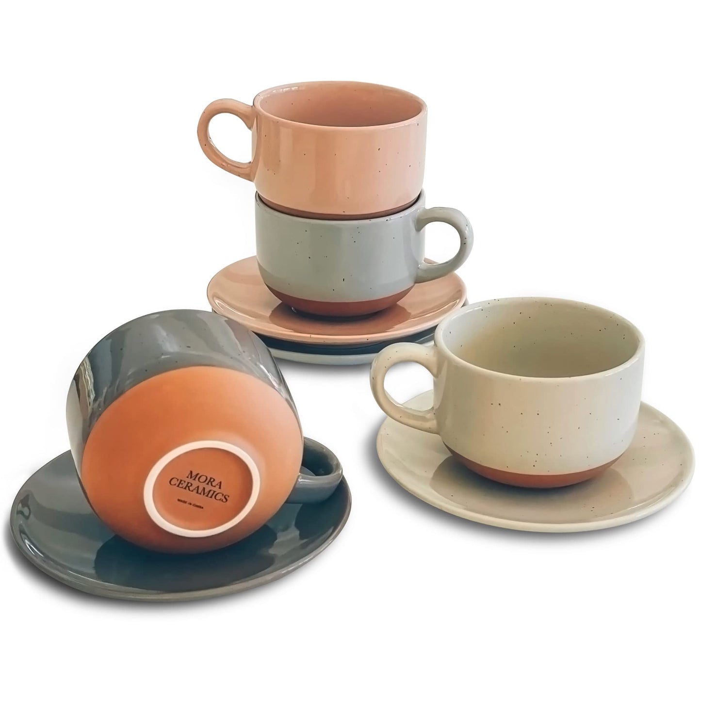 Mora Ceramics 8oz Cappuccino Mug Set of 4 - Ceramic Coffee Cups with Saucers - Microwave and