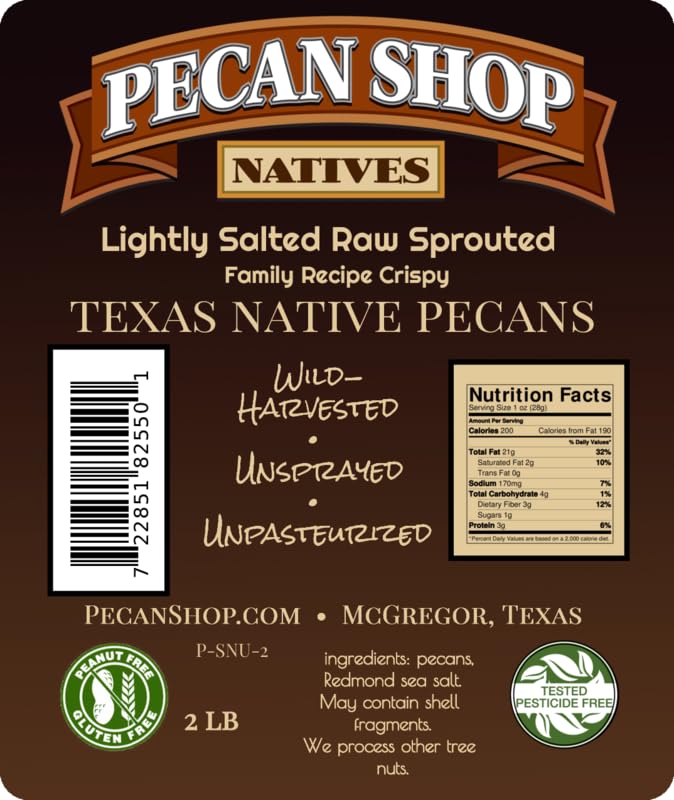 Pecan Shop Unsprayed Sprouted 2 lb Raw Wild-Harvested Family Recipe Crispy Sea Salt Texas Native Pecans-Fresh Direct Ship