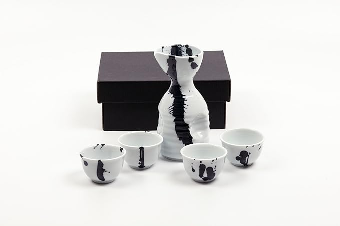 Arita Ceramic Sake Set [Made in Japan/Brush Stroke]: 1 Sake Carafe and 4 Sake Cups in Gift Box