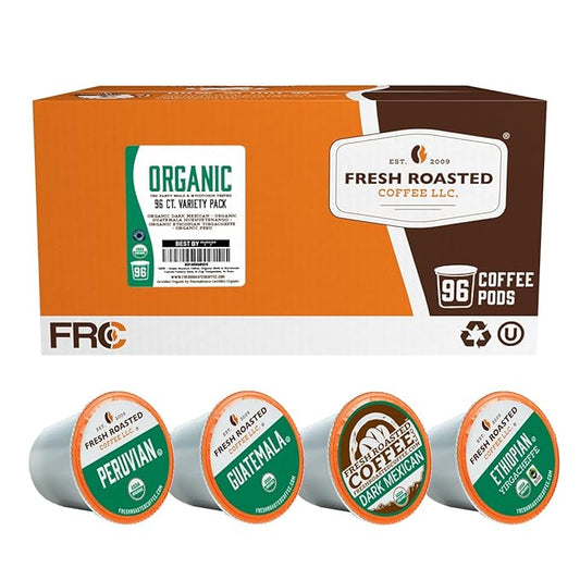 Fresh Roasted Coffee, Organic Mold & Mycotoxin 3rd Party Tested Variety Pack | USDA Organic, Kosher | K-Cup Compatible, 96 Pods