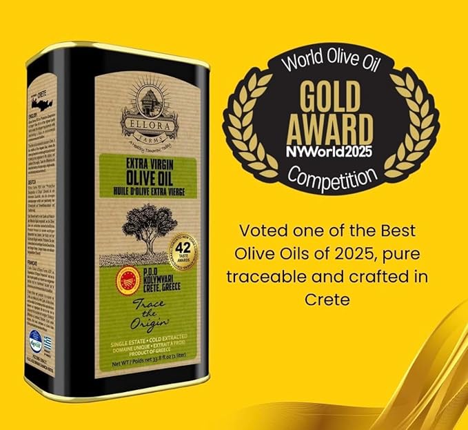 Ellora Farms Olive Oil Extra Virgin, Certified PDO Polyphenol Rich Extra Virgin Olive Oil Cold Pressed & Traceable, Global Gold Awards EVOO, Kosher, Single Origin, Crete, Greece 33.8 Fl oz (1 Ltr)