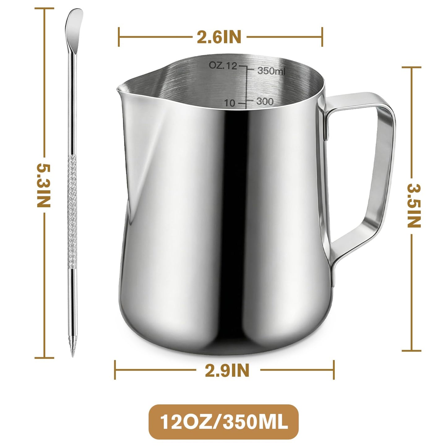 Milk Frothing Pitcher, 350ml/12oz Milk Frother Cup Stainless Steel Jug Steaming Pitcher, Milk