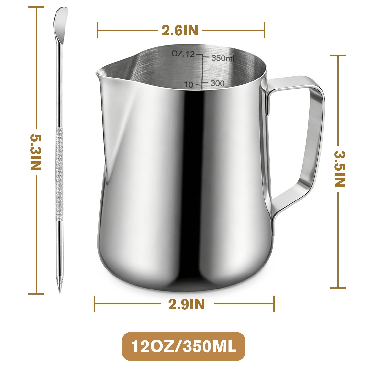 Milk Frothing Pitcher, 350ml/12oz Milk Frother Cup Stainless Steel Jug Steaming Pitcher, Milk