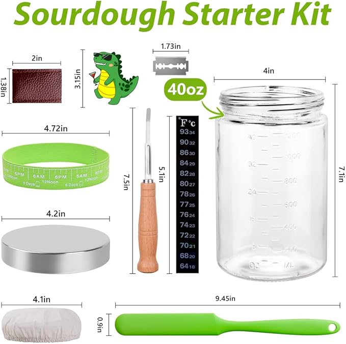40oz Large Sourdough Starter Jar Glass Kit Wide Mouth with Black Silicone Spatula, Aluminum Lid, Cloth Cover, Date Marked Band, Thermometer (Transparent)