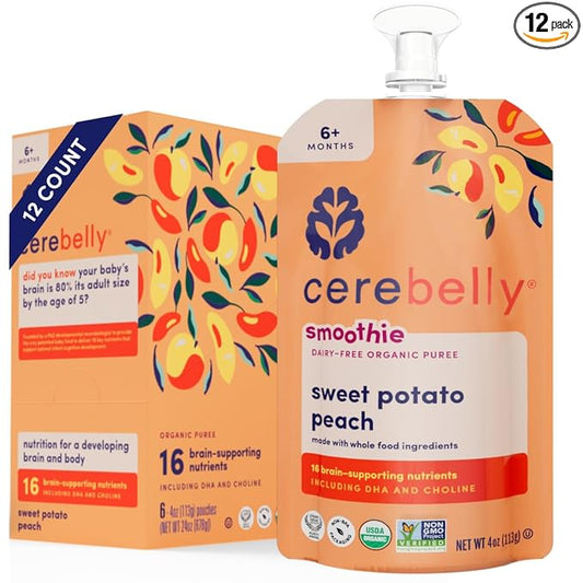 Cerebelly Organic Baby Food Pouches ??Dairy Free Smoothies for Toddlers | No Added Sugar, Fiber, Non-GMO | Toddler Smoothie Pouches | 4oz BPA-Free Baby Food | Sweet Potato Peach | 12 Count