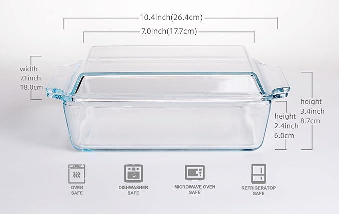 Rectangular Tempered Glass Casserole Dish, Tempered Glass Baking Dish with Glass Cover. Oven, Freezer and Dishwasher Safe.- 1.5 Liter