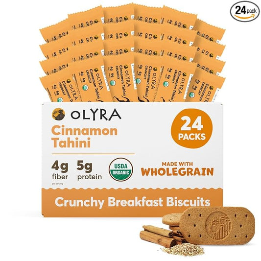 Olyra Breakfast Biscuits Cinnamon Tahini, Kids Healthy Snacks, Low Sugar, High Fiber, Plant-Based Protein Cookies, Organic Breakfast Cookies with Ancient Greek Grains, 24 Packs