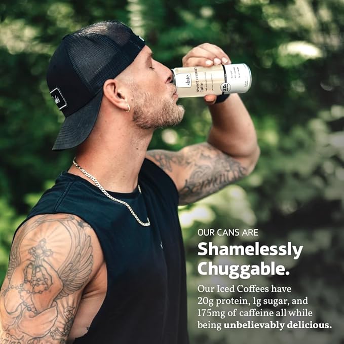 Slate Milk - High Protein Iced Coffee - Sweet Cream Latte - 175mg Caffeine, Lactose Free Energy - 20g Protein, 1g Sugar, 100 Calories, 1g Net Carbs, No Sugar Added - Protein Coffee - 11 fl oz, 24 Cans