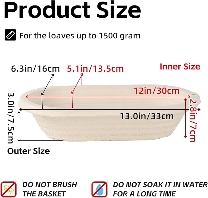 2 x 12inch Pulp Oval Sourdough Banneton Bread Proofing Basket Baking Supply with Linen Liners for Professional and Homemade Artisan Bread