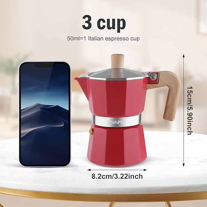 Sivaphe Aluminum Moka Pot 3 Espresso Cups, Percolator Espresso and Coffee Maker, Portable Stovetop Italian and Cuban Cafì±?Brewer for Home and Camping Red