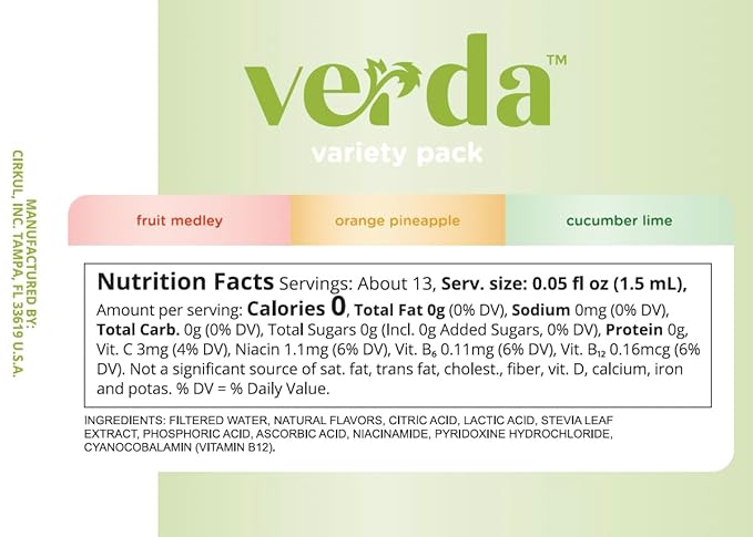 Cirkul Verda Flavor Cartridge Variety Pack with Antioxidants, Stevia, and Vitamin B, 6-Pack (2 Orange Pineapple, 2 Fruit Medley, 2 Cucumber Lime), No Sugar, Zero Calorie Drink Mix