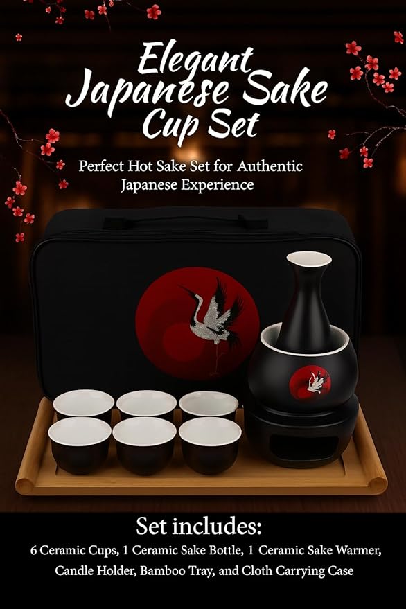 Japanese Sake Cup Set with 6 Ceramic Cups, 1 Ceramic Sake Bottle, 1 Ceramic Sake Warmer, Bamboo Tray, and Cloth Carrying Case - Perfect Hot Sake Set for Authentic Japanese Experience (Black/White)