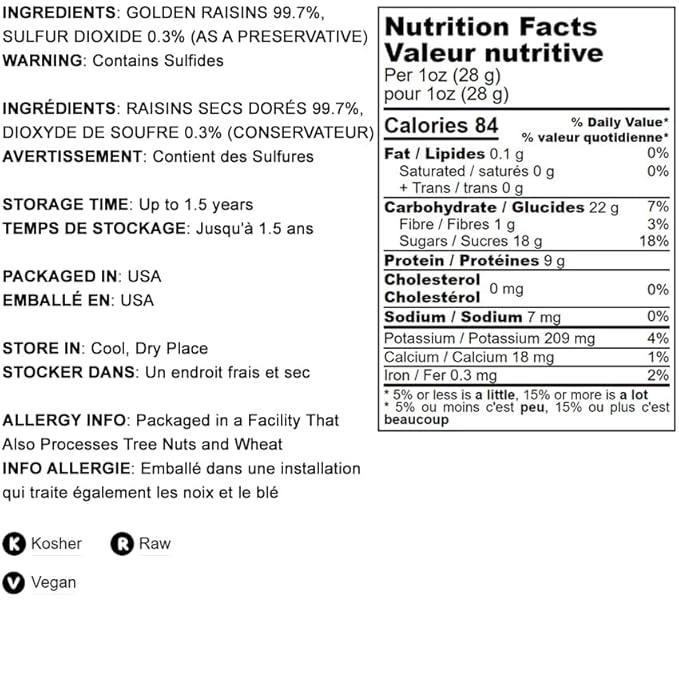 Food to Live California Jumbo Golden Raisins, 12 Ounces ??Seedless, Sun-Dried, No Added Oil, No Added Sugar, Kosher, Vegan, Raw, Bulk