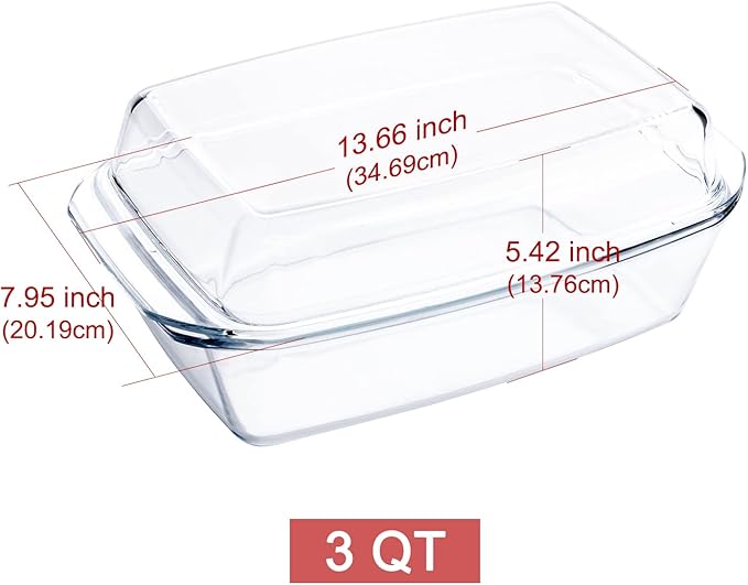 Rectangular Tempered Glass Casserole Dish with Glass Cover - Oven, Freezer and Dishwasher Safe - 3 Liter