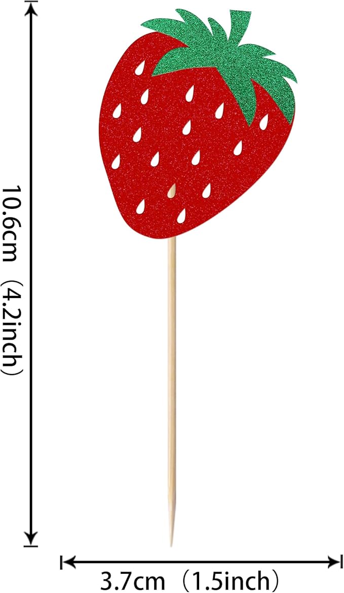 24 Pack Strawberry Cupcake Toppers Glitter Birthday Strawberry Cupcake Picks for Fruit Baby Shower Kids Birthday Summer Berry Cupcake Decorations Party Supplies Red