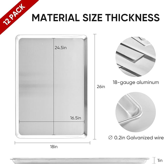 TENUP 12 Pack Aluminum Full Sheet Pan, 26" x 18" Heavy Duty Commercial Baking Tray Reinforced Rim, Warp-Resistant Rust-Free