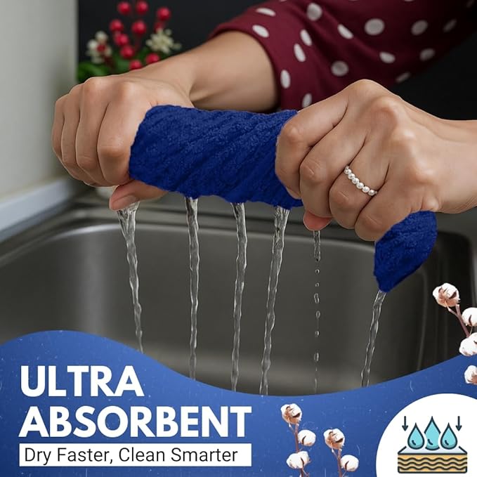 Infinitee Xclusives Premium Kitchen Towels ??Pack of 3, 100% Cotton |15 x 25| Inches Absorbent Dish Towels - Terry Kitchen Dishcloth Towels - Blue Dish Cloth for Household Cleaning