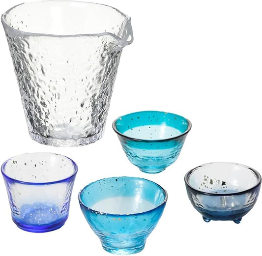 ADERIA Tsugaru Vidro Sake Glasses and Glass Sake Carafe Set [4 Shades of Tsugaru Blue]: 1 Sake Carafe and 4 Sake Cups in Gift Box (Handmade in Japan)