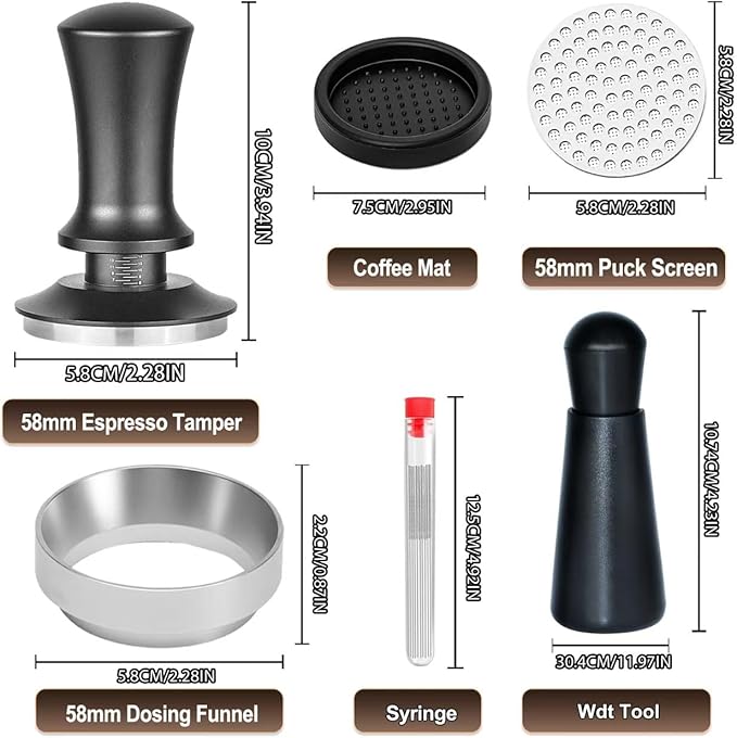 58mm Espresso Accessories Kit, Spring Loaded Calibrated Espresso Tamper, Wdt Tool Espresso and Silicone Tamper Mat,Dosing Funnel, Coffee Puck Screen and 12 Replacement Needles Fit 58mm Portafilters
