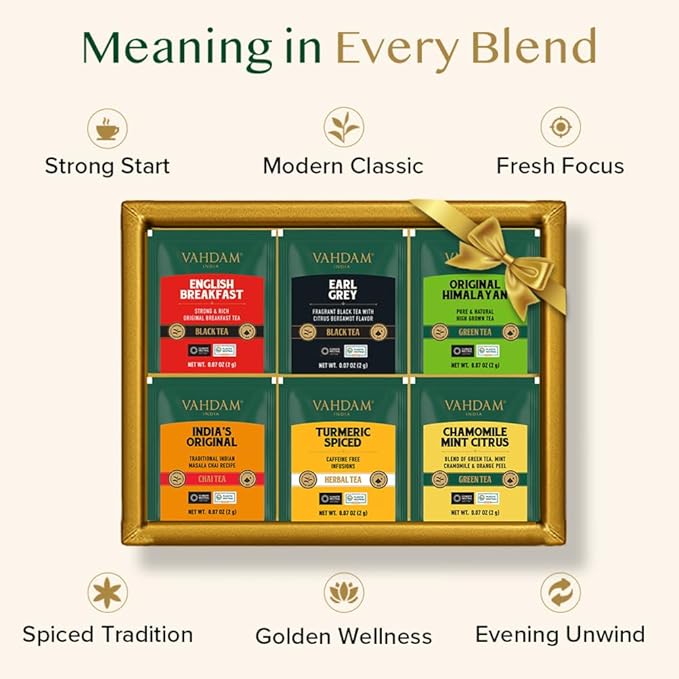 VAHDAM, Assorted Tea Gift Set (6 Varieties, 36 Tea Bags) - Variety Pack - Black, Green, Chai and Herbal Tea Sampler | Gifts Set for Lovers | Gifts for Women and Men