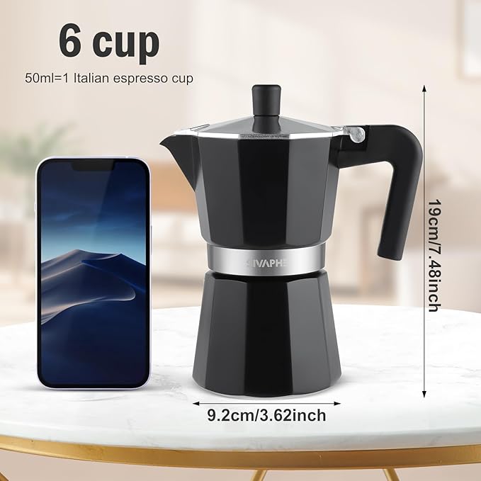 Sivaphe Aluminum Moka Pot 6 Espresso Cups, Percolator Espresso and Coffee Maker, Portable Stovetop Italian and Cuban Cafì±?Brewer for Home and Camping Black