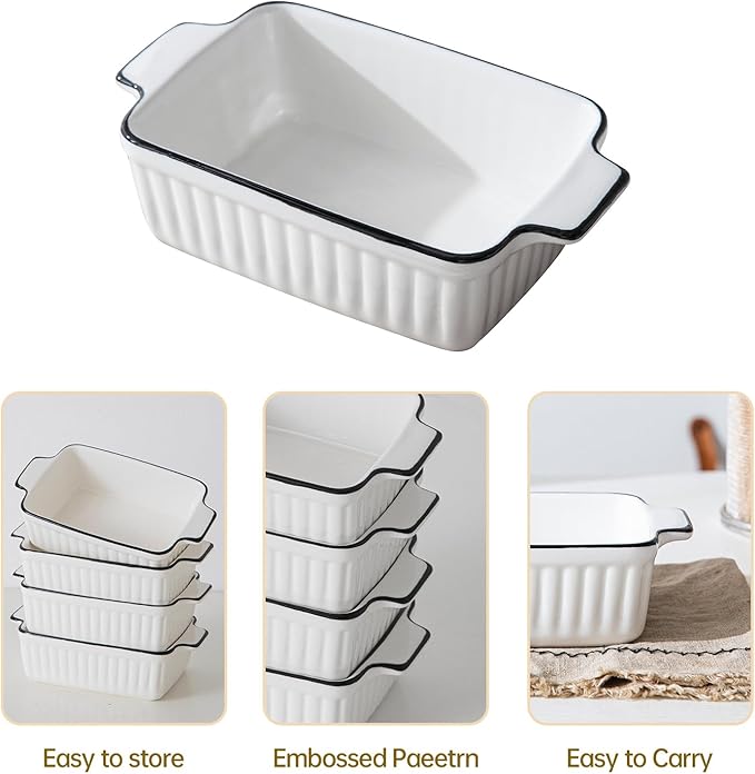 Ceramic Casserole Dish Set with Handles Sets of 4 - Oven, Microwave & Dishwasher Safe 12OZ Rectangular Bakeware |Deep Baking Pans for Lasagna, Cake, Cooking & Gift Use