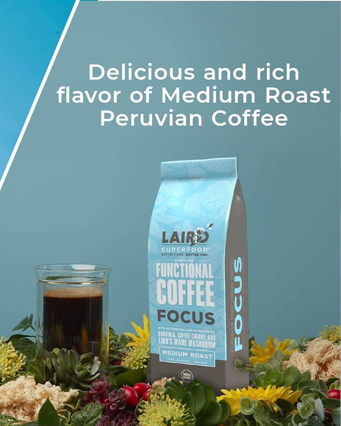 Laird Superfood Focus Coffee, Medium Roast Ground Coffee Infused with Functional Mushrooms and Botanical Adaptogens, 12 oz. Bag