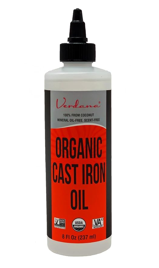 Verdana Cast Iron Seasoning Oil – 8 Fl Oz - Organic, Food Grade, Kosher, Non-GMO - Coconut Derived – Cleans, Conditions & Prevents Rust – No Mineral Oil – For Skillet, Grill, Pan