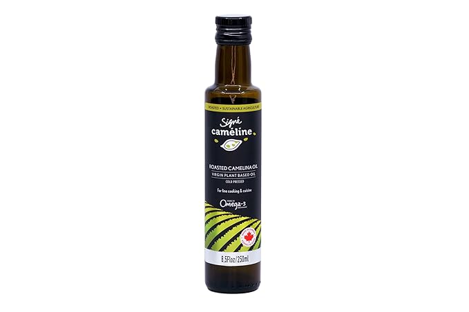 Cold-Pressed Roasted Camelina Oil, 250mL by Signé Caméline | High Smoke Point 475°F | Rich in Omega-3 | Notes of Roasted Hazelnuts and Sesame | Perfect in Asian Dishes, Ramen Noodles, Sushi & Sautés | Made in Canada | Non-GMO