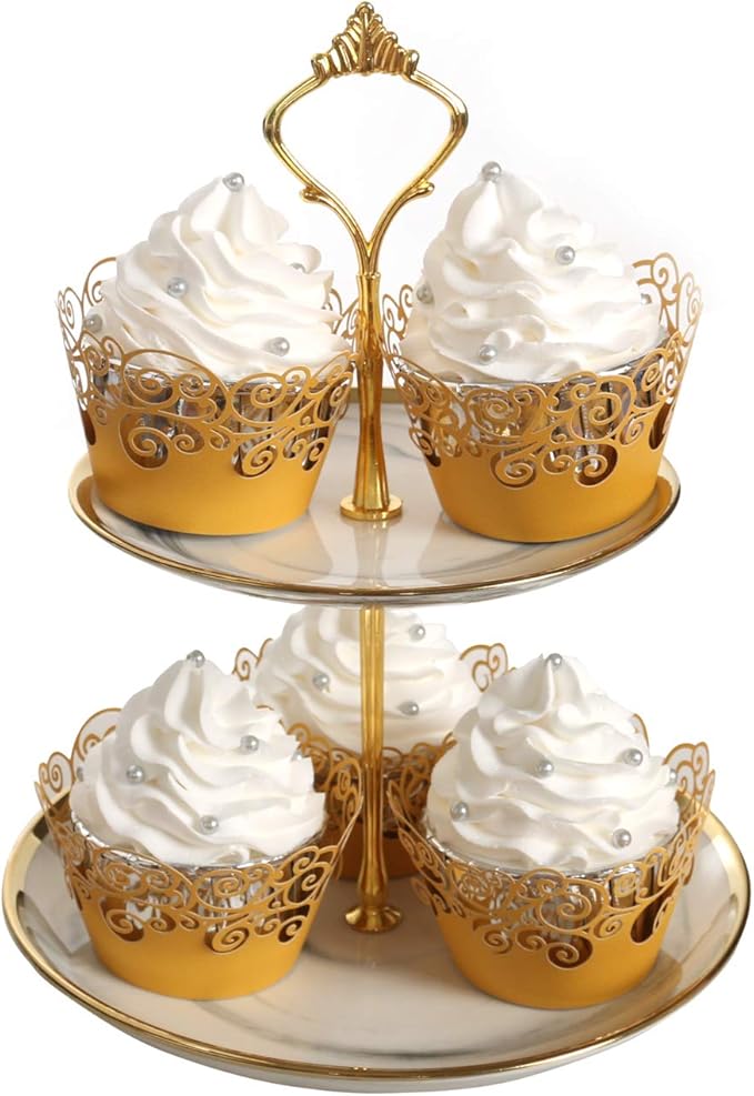 Cupcake Wrappers, KPOSIYA 100 Pack Cupcake Wraps Filigree Artistic Bake Cake Paper Cup Little Vine Laser Cut Liner Baking Cups Muffin Case Trays for Wedding Party Birthday Decoration (100, Gold)